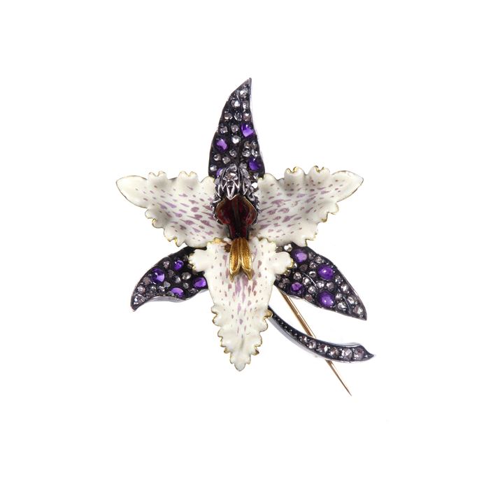 19th century enamel, diamond and cabochon amethyst orchid flower brooch, French c.1885, | MasterArt